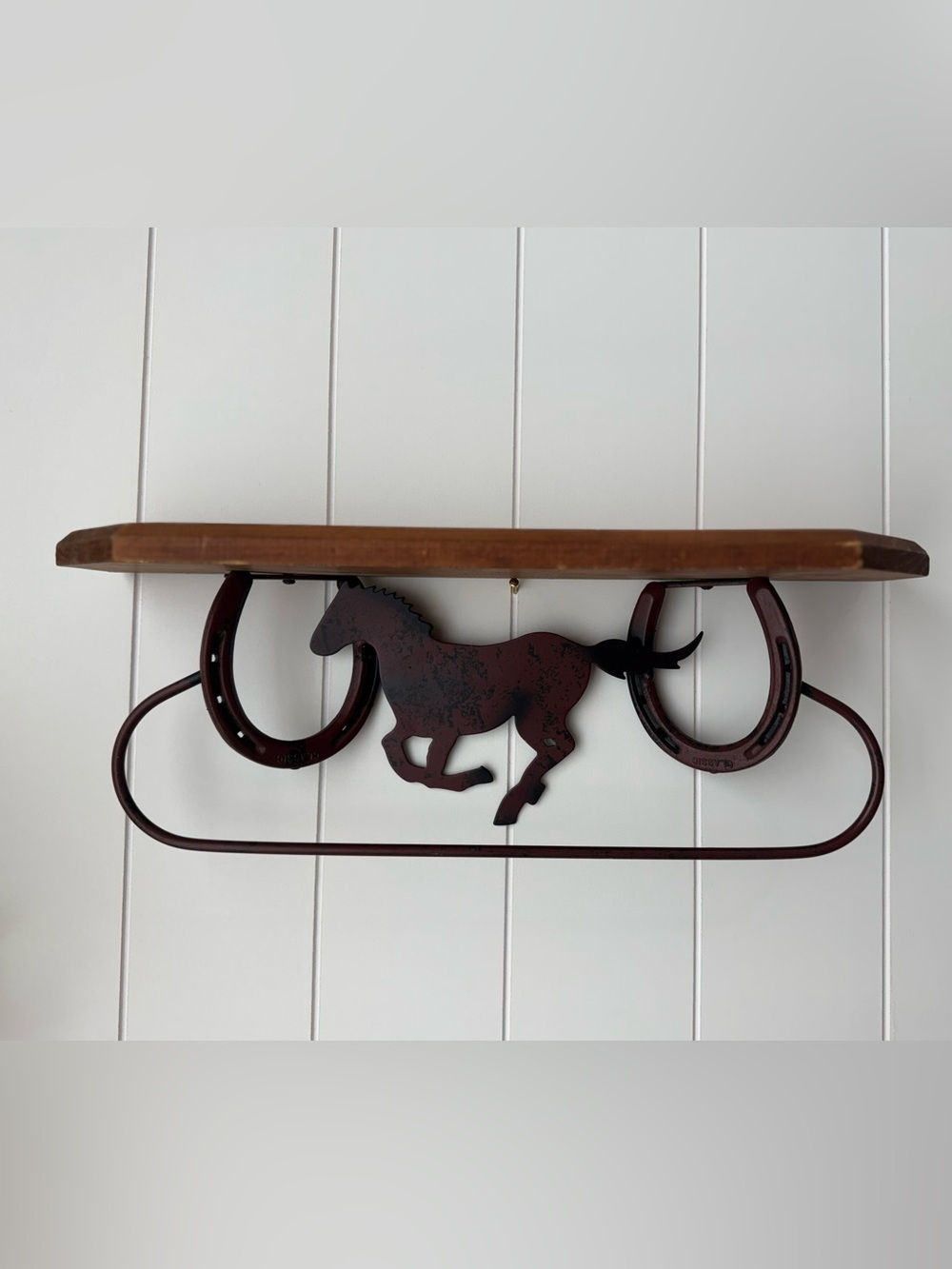 VintageHorse & Horseshoe Wall Shelf Wood Metal Brown Black Country Western Decor